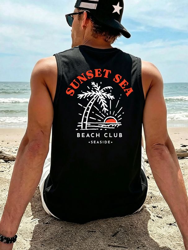 Canotta Uomo Girocollo 100% Cotone Stampa Tramonto Mare Spiaggia Morbida Traspirante Senza Maniche Palestra Vacanze Casa Multicolore_viptrois.com