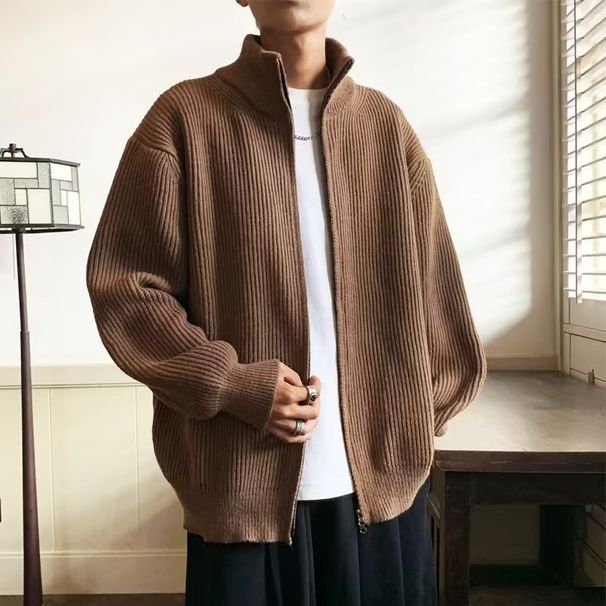 New deer plush stand up collar minimalist style soft and sticky solid color zipper thick sweater casual retro men's cardigan jacket_viptrois.com
