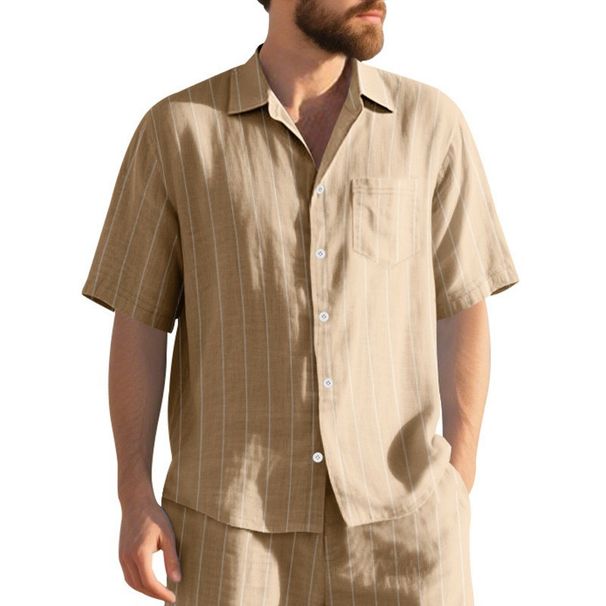 Men's Summer Linen Jacquard Shirt Vertical Stripe Collared Button Down Loose Breathable Casual Short Sleeved_viptrois.com