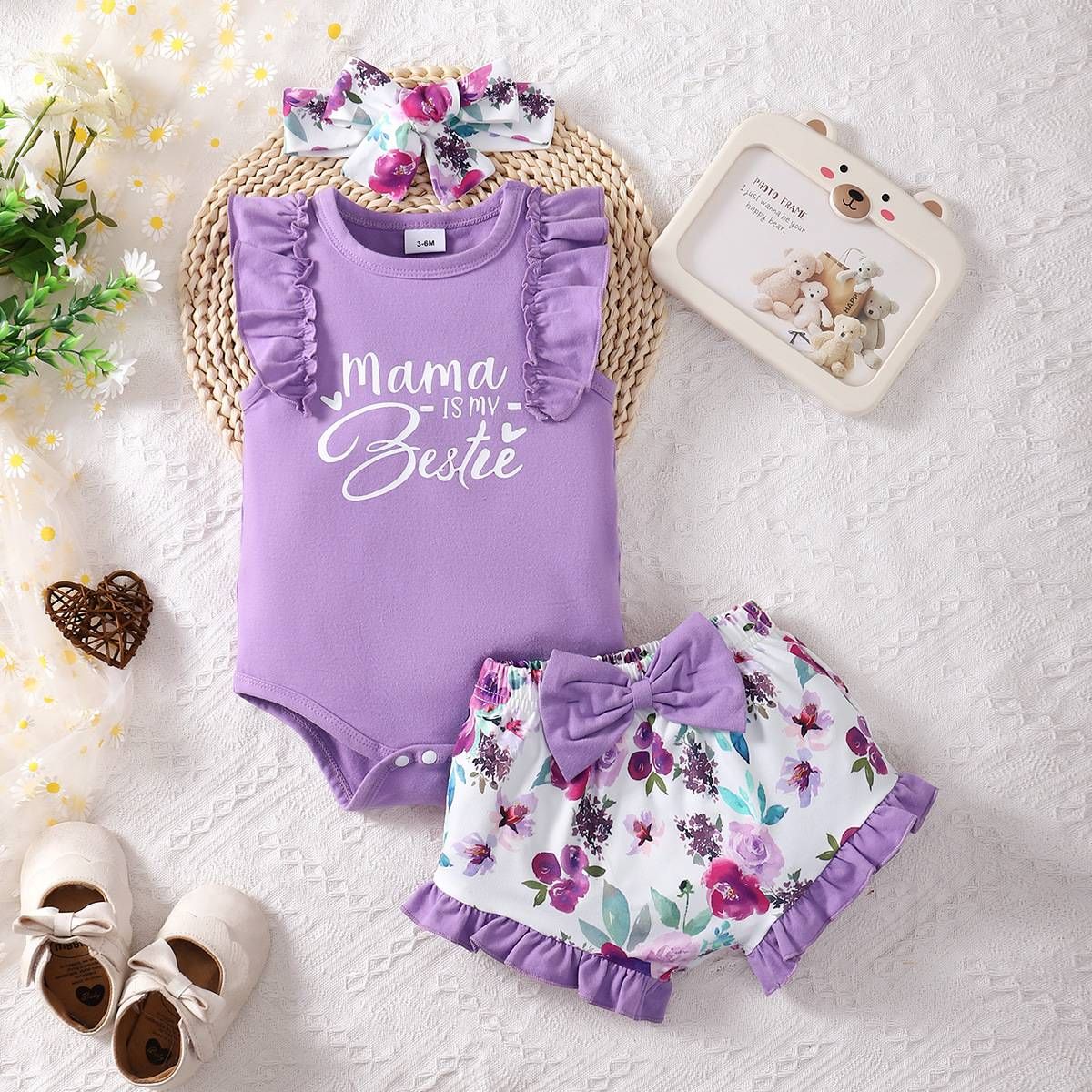 Kids’ Clothing Baby Girl Sleeveless Printed Tight Romper And Shorts Set_viptrois.com