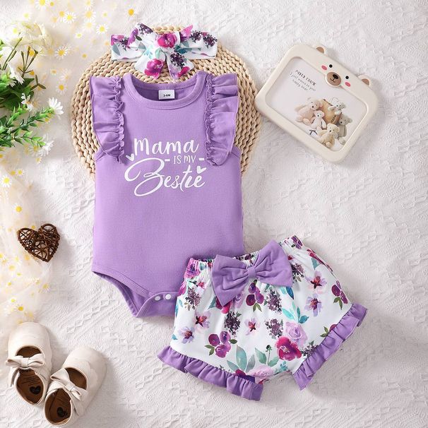 Kids’ Clothing Baby Girl Sleeveless Printed Tight Romper And Shorts Set_viptrois.com