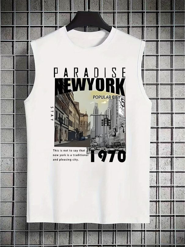 100% Pure Cotton Men's Summer Casual Sports Fitness Loose NEW YORK Pattern Printed Breathable Round Neck Sleeveless Vest_viptrois.com