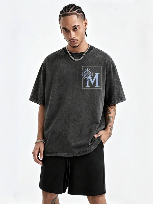 230g Washed Men Casual Tee Compass M Letter Print Short Sleeve Loose Streetwear Daily T-Shirt_viptrois.com