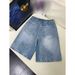 Men's Clothing Ripped Denim Shorts Style Straight Leg Summer Trendy Washed Retro Lightning Bolt Pattern Four Or Five Point Pants_viptrois.com