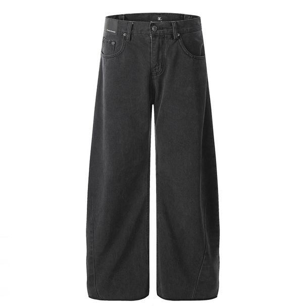 Loose Wide-Leg Denim Scimitar Men's Versatile Dad Vintage Washed Punk Street Style Cuffed Design Long Pants_viptrois.com