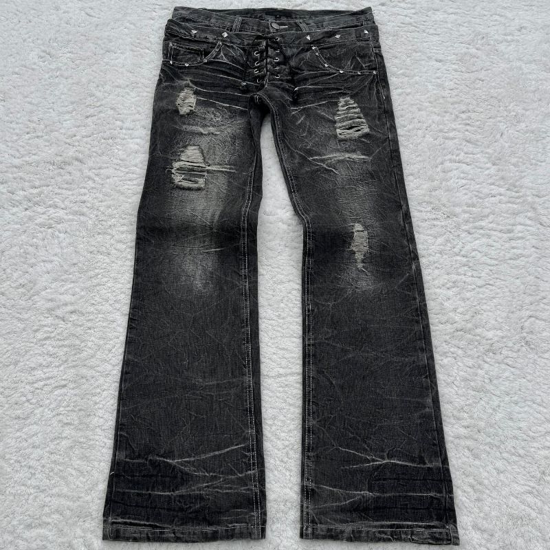 Y2K Gothic Grunge Vintage Washed Denim Jeans With Lace-Up Detail & Flared Hem For Streetwear Fashion_viptrois.com