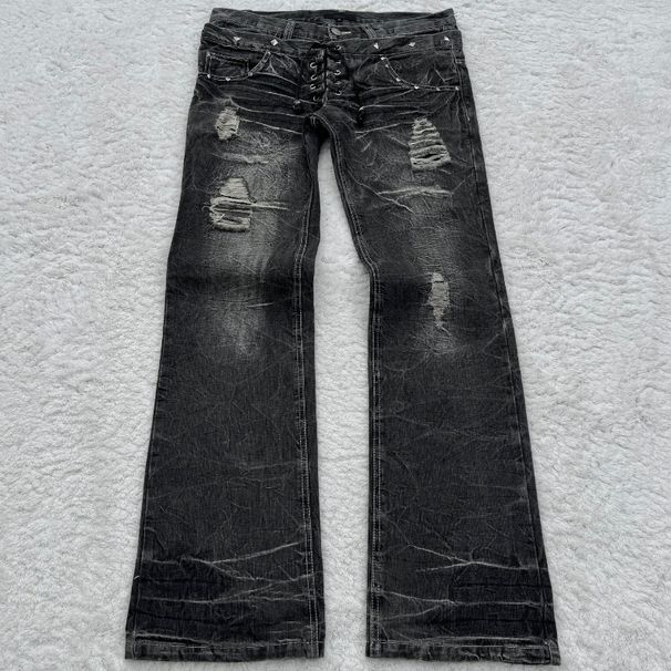 Y2K Gothic Grunge Vintage Washed Denim Jeans With Lace-Up Detail & Flared Hem For Streetwear Fashion_viptrois.com