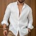 Breathable Linen Cotton Blend Shirt For Men, Classic Casual Solid Color Button Down Shirt, Comfortable Daily Wear & Smart Casual Style_viptrois.com