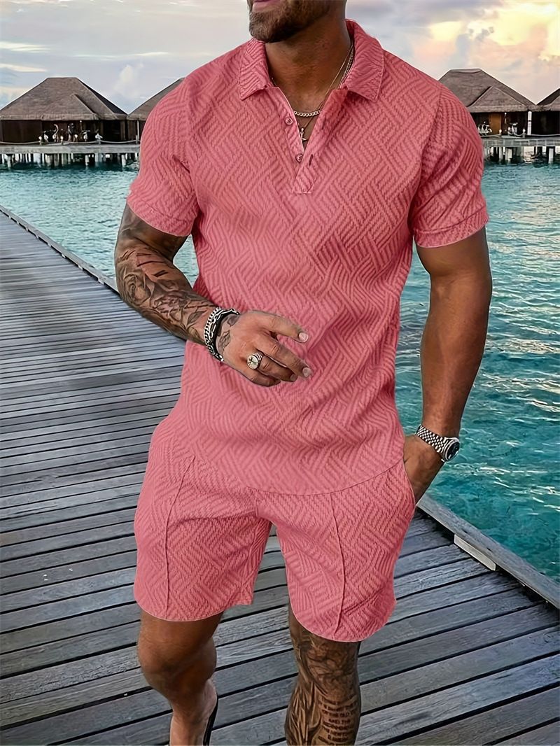 Men's Summer Casual Beach Set With 3D Digital Print & Button Detail – Short Sleeve Knit Top & Shorts – Lightweight Polyester Blend (S-XXXL, )_viptrois.com