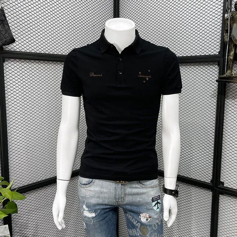 Men's Clothing Summer High End Embroidery Slim Lapel Short Sleeve Versatile New Style Trendy Handsome Casual T Shirt_viptrois.com