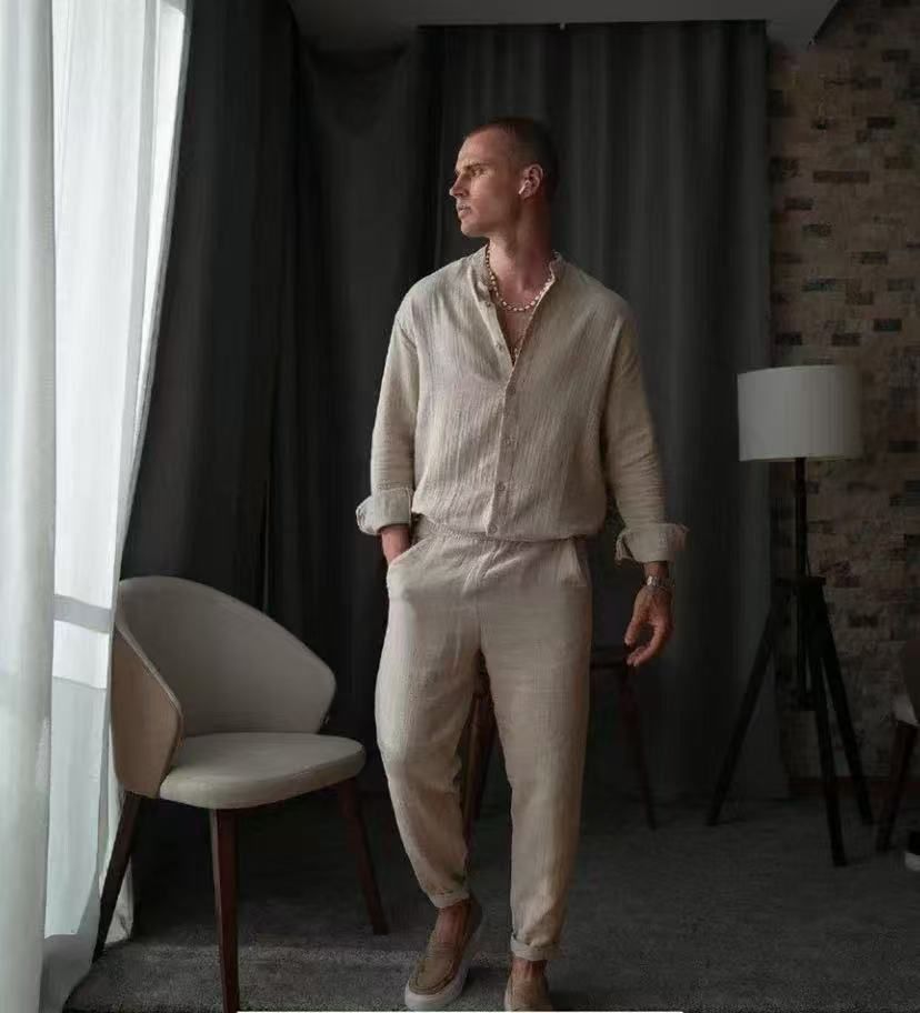 Men's Minimalist Long-Sleeve Lounge Set – 100% Cotton Comfort For Casual & Travel (S-XXXL, 5 Neutral Tones)_viptrois.com