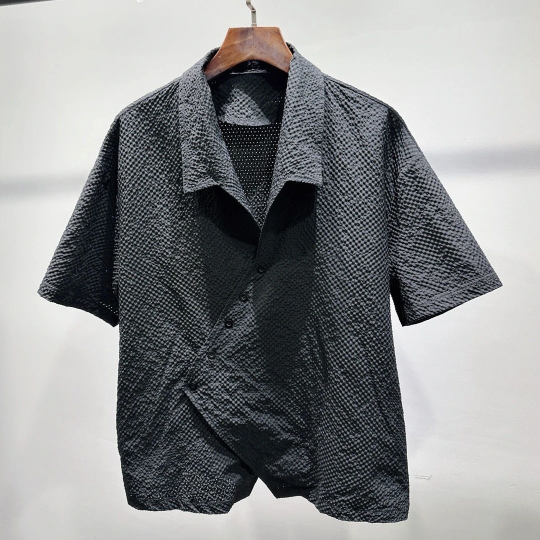Men's Summer Style Irregular Diagonal Placket Short Sleeve Shirt Loose Fit Versatile Casual Suit Trendy Clothing_viptrois.com