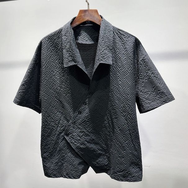 Men's Summer Style Irregular Diagonal Placket Short Sleeve Shirt Loose Fit Versatile Casual Suit Trendy Clothing_viptrois.com