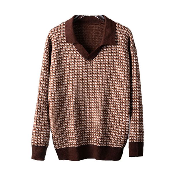 YWFG Men's Waffle Knit Sweater - Loose Fit V-Neck Pullover Long Sleeve Casual Top For Autumn (Brown, S/M/L/XL)_viptrois.com