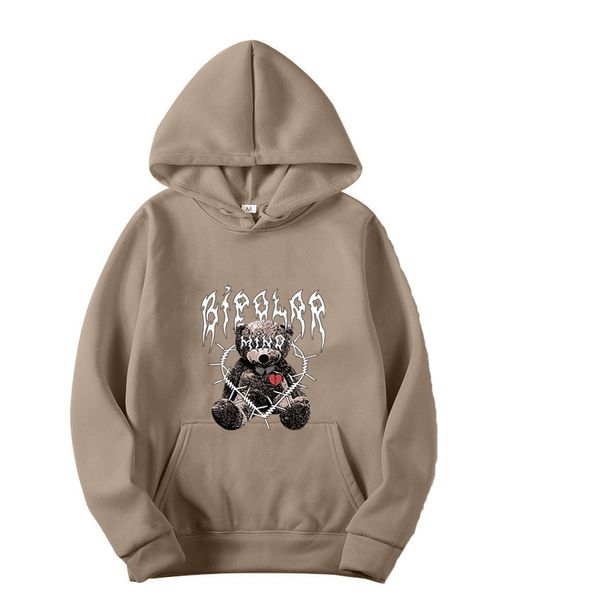 Gothic Bear Print Hooded Sweatshirt - Y2K Retro Style Fleece-Lined Unisex Pullover For Teens, Oversized Fit, Soft Polyester, Streetwear Casual_viptrois.com