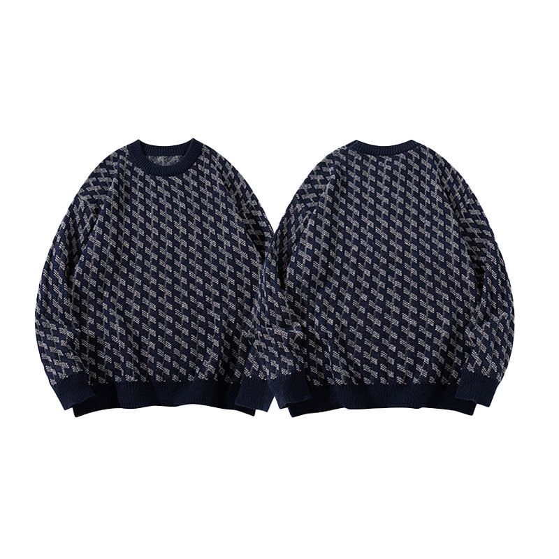 Men's Clothing Jacquard Knit Sweater Autumn/Winter Original Streetwear Geometric Knit Sweater - Oversized Crewneck Pullover In Navy Blue_viptrois.com