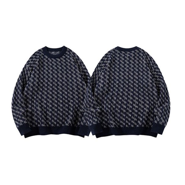Men's Clothing Jacquard Knit Sweater Autumn/Winter Original Streetwear Geometric Knit Sweater - Oversized Crewneck Pullover In Navy Blue_viptrois.com