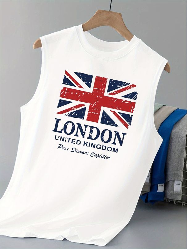 100% Pure Cotton Men's Summer Casual Sports Fitness Loose Fit British Flag Print Breathable Round Neck Sleeveless Vest_viptrois.com