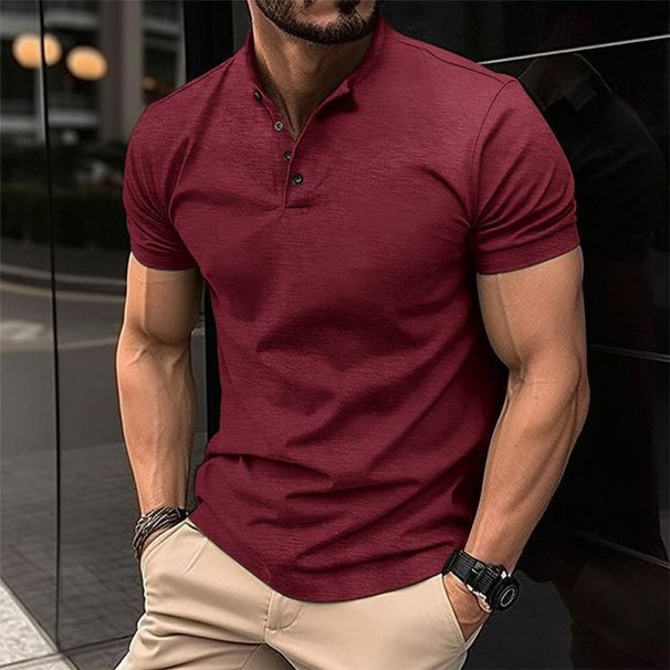 Unbeatable Quality Summer Short Sleeved Men's New Solid Color Henry Collar Button Slim Fit Ball Shirt_viptrois.com