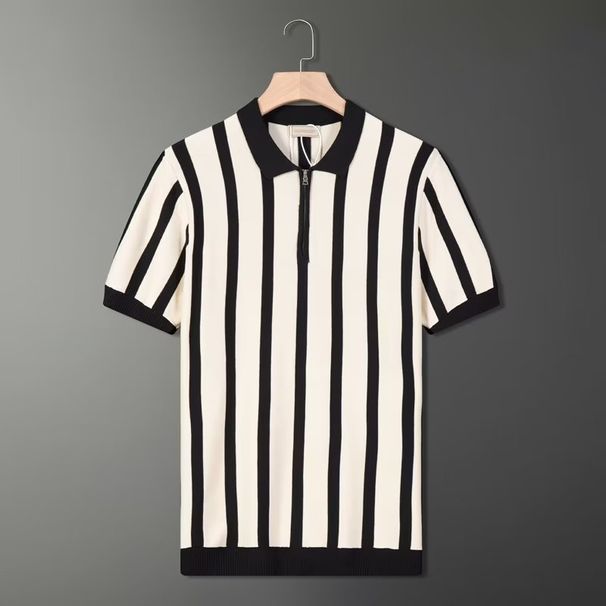 Half Zipper Striped Polo Shirt Light Mature Style Summer Men's Short Sleeved T Shirt Trendy Korean Version Knitted Casual Half Sleeves_viptrois.com