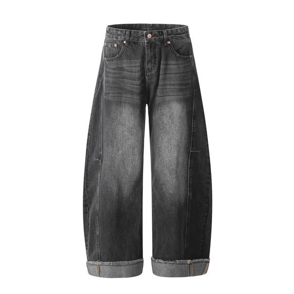 High Washed White Scimitar Jeans Men's Street Trend Loose Cuffed Floor-Length Pants Wide-Leg Long Trousers_viptrois.com