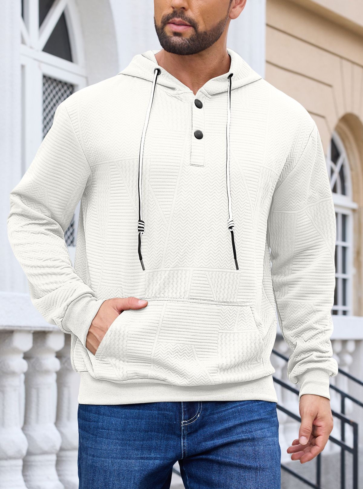 Men's Heavyweight Jacquard Hoodie – Button-Down Long Sleeve Sweatshirt For Autumn & Winter_viptrois.com