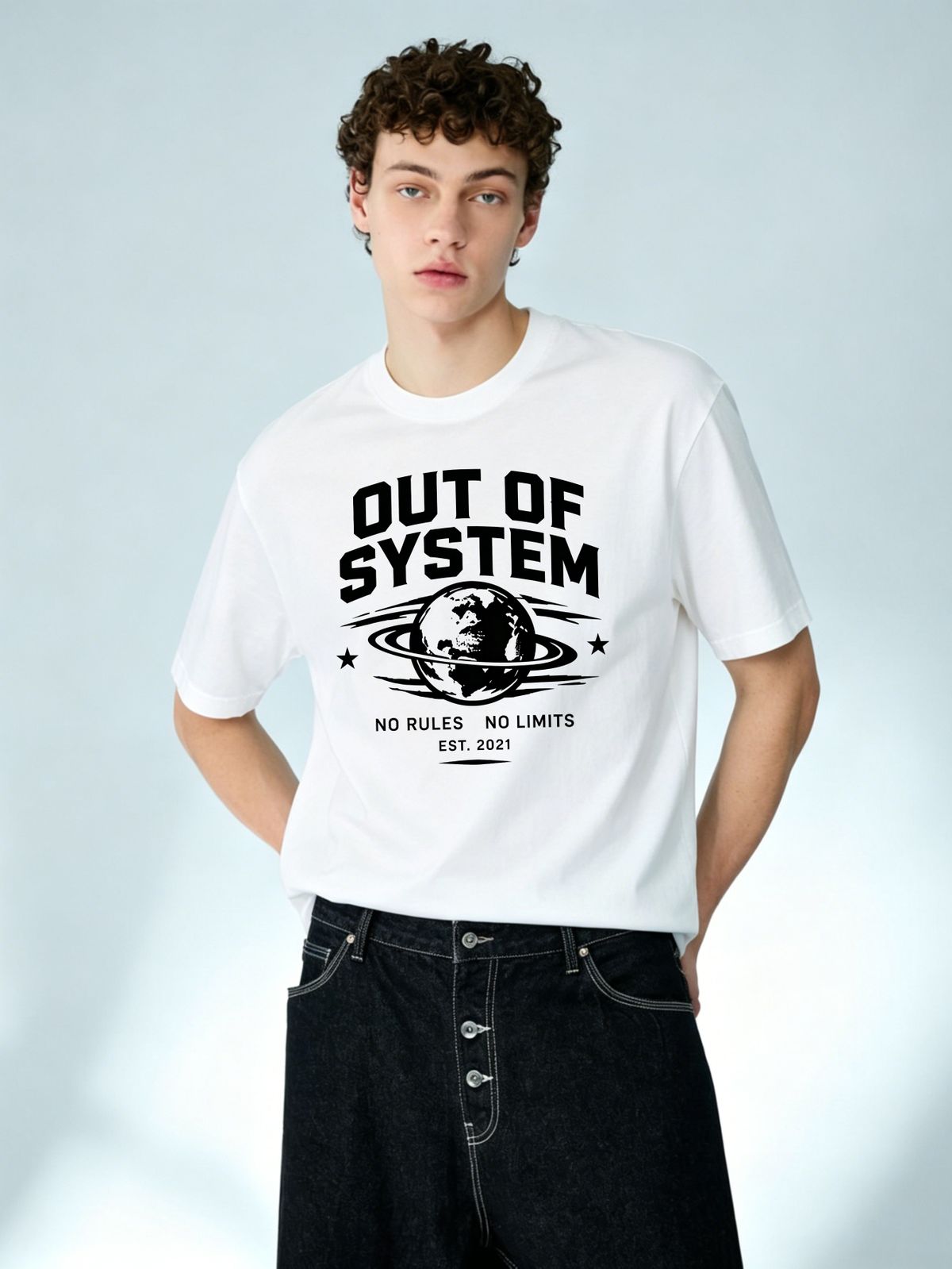 European Style Men's Short Sleeve T-Shirt, Retro Planet OUT OF SYSTEM Print, Casual Round Neck Streetwear Tee_viptrois.com
