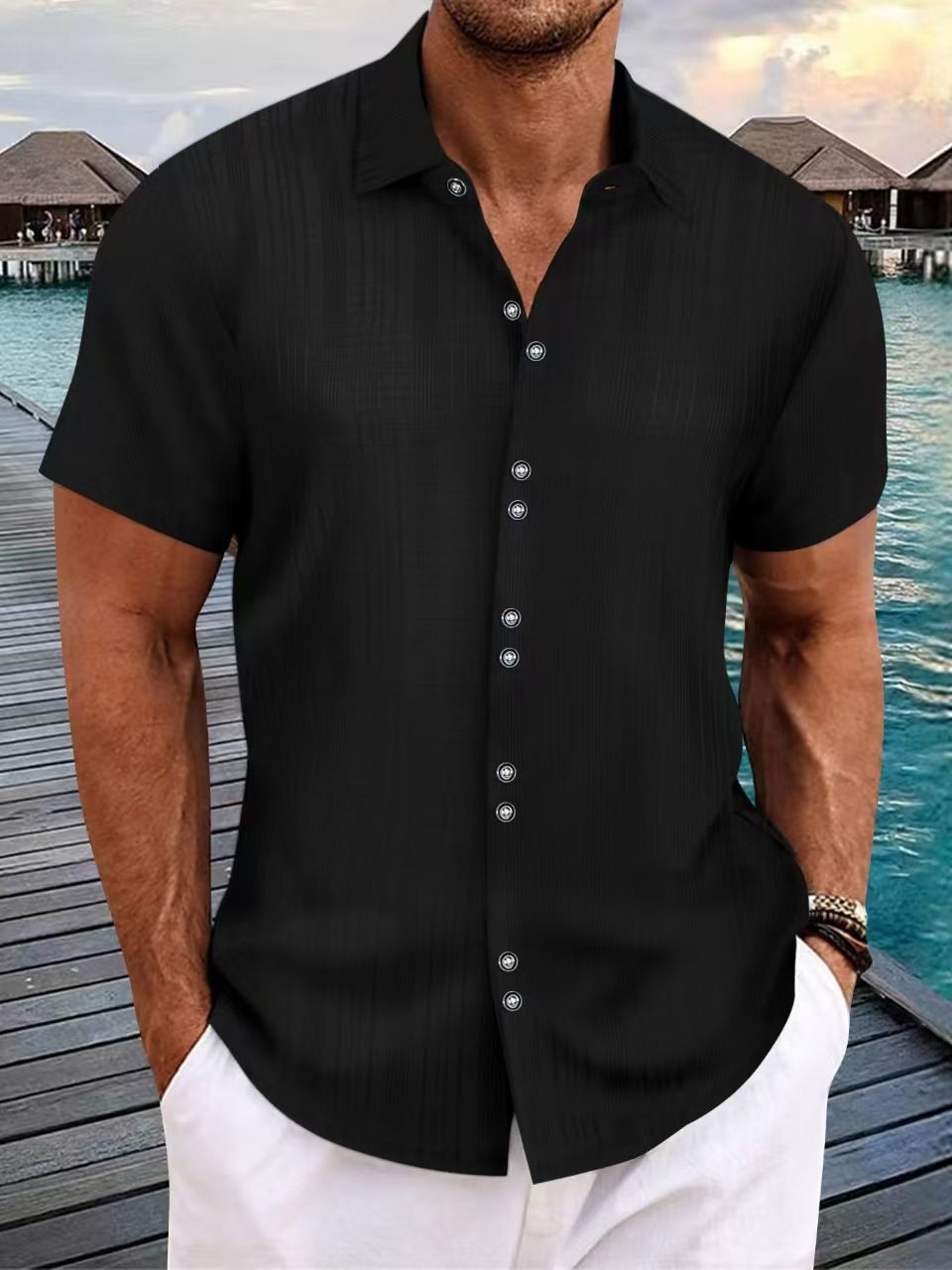 Men's Clothing Lapel Bamboo Linen Short Sleeved Shirt Loose Casual Jacquard Shirt_viptrois.com