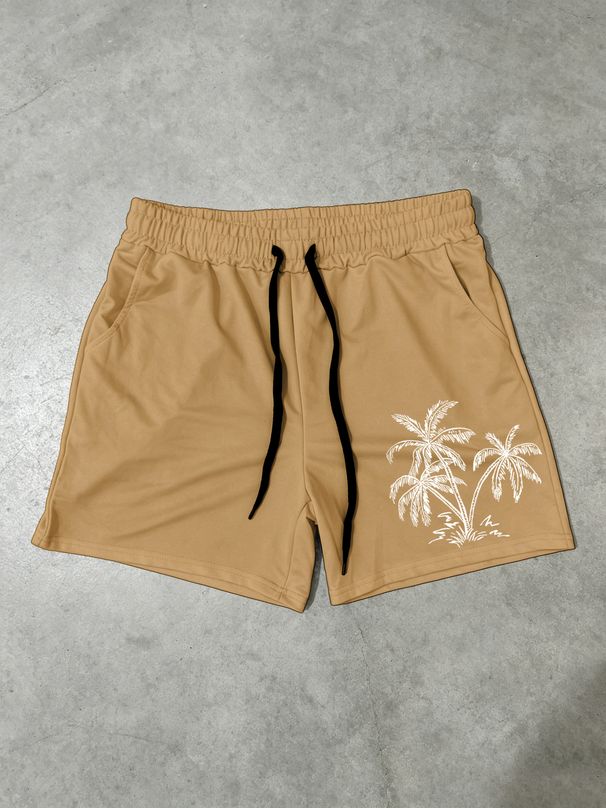 New Summer Style Coconut Tree Print Men's Three Quarter Swim Trunks, Quick Drying Beach Sports Shorts, Casual Sports Shorts_viptrois.com