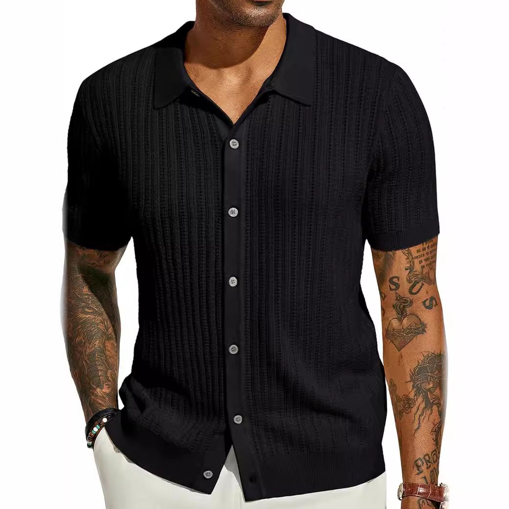Men's Clothing European And American Men's Casual Knitted Shirts Summer New Solid Color Tops Men's Short Sleeved Lapel Hollow Breathable_viptrois.com