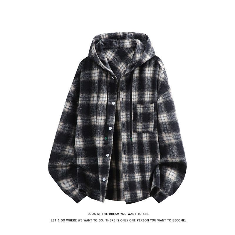 Men's Plaid Flannel Shirt Jacket, Thickened Brushed Fleece Hooded Overshirt With Streetwear Style, Long Sleeve Casual Layering Piece (S-3XL)_viptrois.com