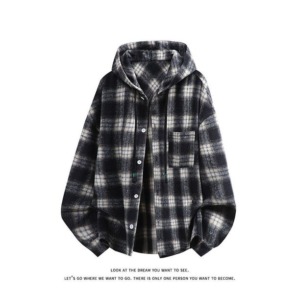 Men's Plaid Flannel Shirt Jacket, Thickened Brushed Fleece Hooded Overshirt With Streetwear Style, Long Sleeve Casual Layering Piece (S-3XL)_viptrois.com