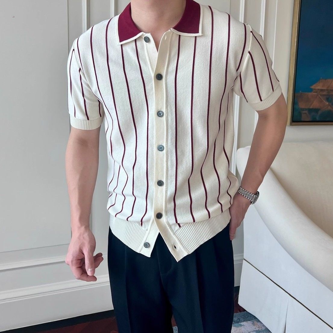 Men's Clothing Lapel Short Sleeved Knitted Sweater Cardigan Striped Business Slim Ice Silk Shirt_viptrois.com