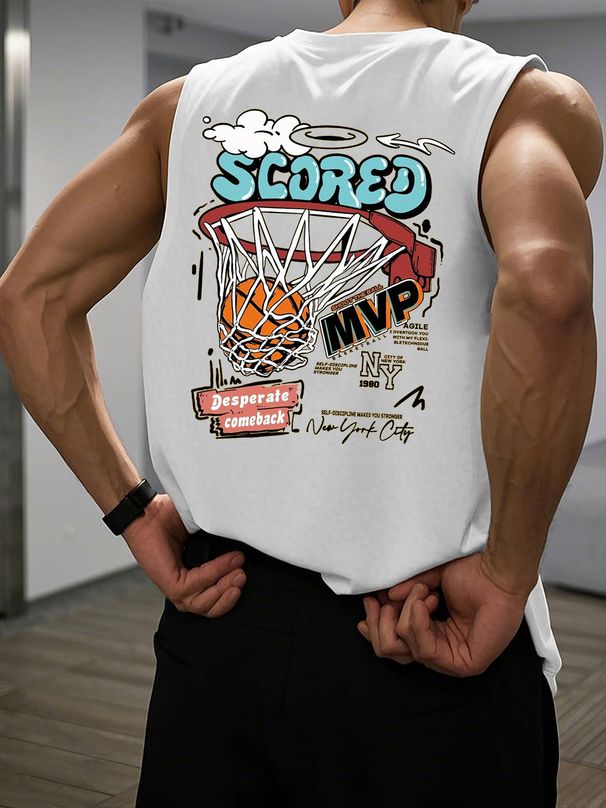 100% Cotton Men's Summer Casual Sports Fitness Loose Basketball Pattern Print Breathable Round Neck Sleeveless Vest_viptrois.com