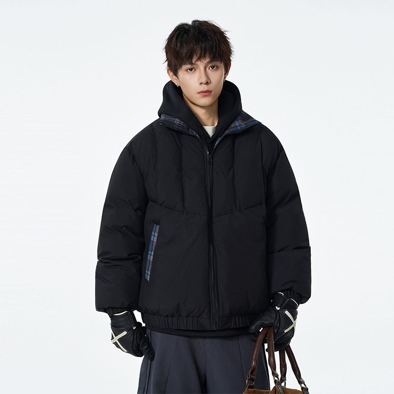 Men's Clothing Men's Streetwear Puffer Jacket - Winter Stand Collar Coat With Polyester Fill, Loose Fit, Casual Zip-Up Style In Cream/Black/Coffee_viptrois.com