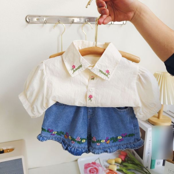Mother & Kids Summer New Girls Suit Cute Embroidered Lapel Shirt Plus Denim Shorts Two-piece Suit_viptrois.com