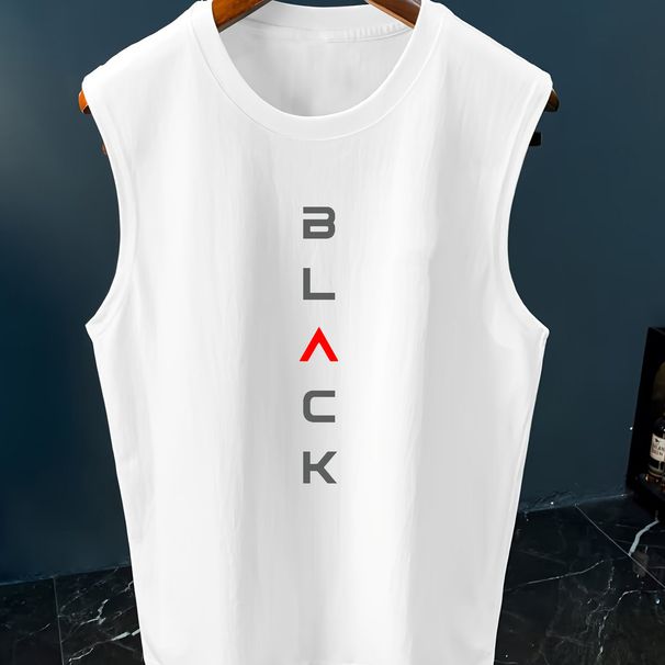 100% Pure Cotton Men's Summer Casual Sports Fitness Loose BLACK Letter Pattern Printed Breathable Round Neck Sleeveless Vest_viptrois.com