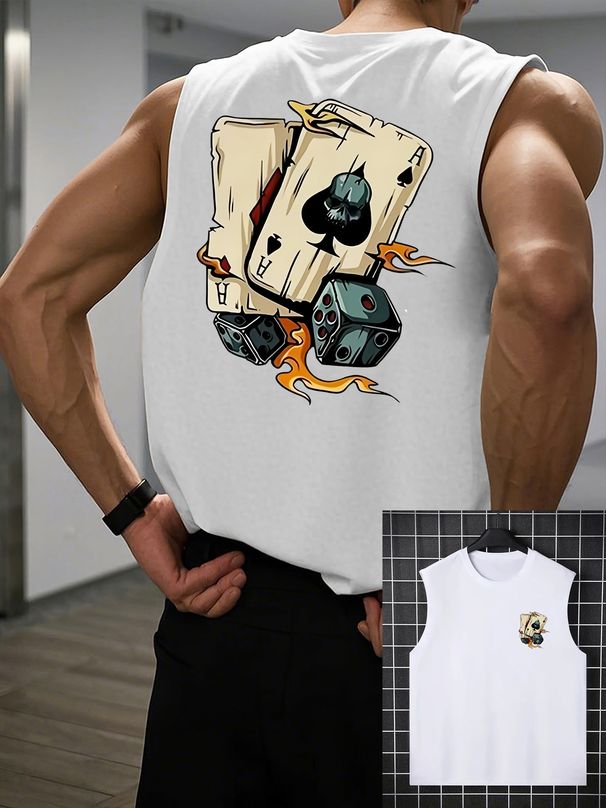 100% Pure Cotton Men's Summer Casual Sports Fitness Loose Poker And Dice Pattern Printed Breathable Round Neck Sleeveless Vest_viptrois.com
