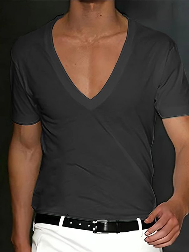 Summer Men's V-Neck Solid Color Slim Fit Thin Casual T-Shirt Short Sleeve Top_viptrois.com