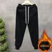 Men's Fleece-Lined Casual Pants Drawstring Waist Slim Fit Joggers Black Grey Winter Spring Comfortable Warm Letter Print_viptrois.com