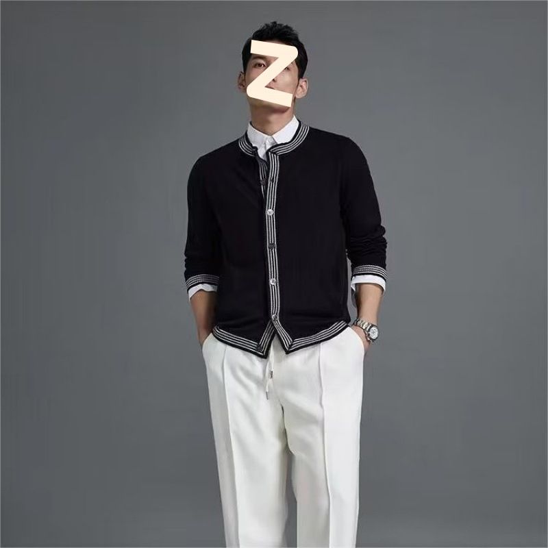 New Thread Knitted Placket Simple Half High Collar Cardigan Men's Cardigan Jacket_viptrois.com