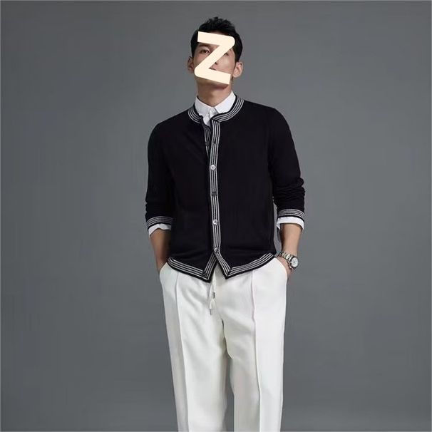 New Thread Knitted Placket Simple Half High Collar Cardigan Men's Cardigan Jacket_viptrois.com