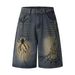 Men's Clothing Painted Spider Denim Shorts Loose Retro Distressed Blue Straight Shorts_viptrois.com