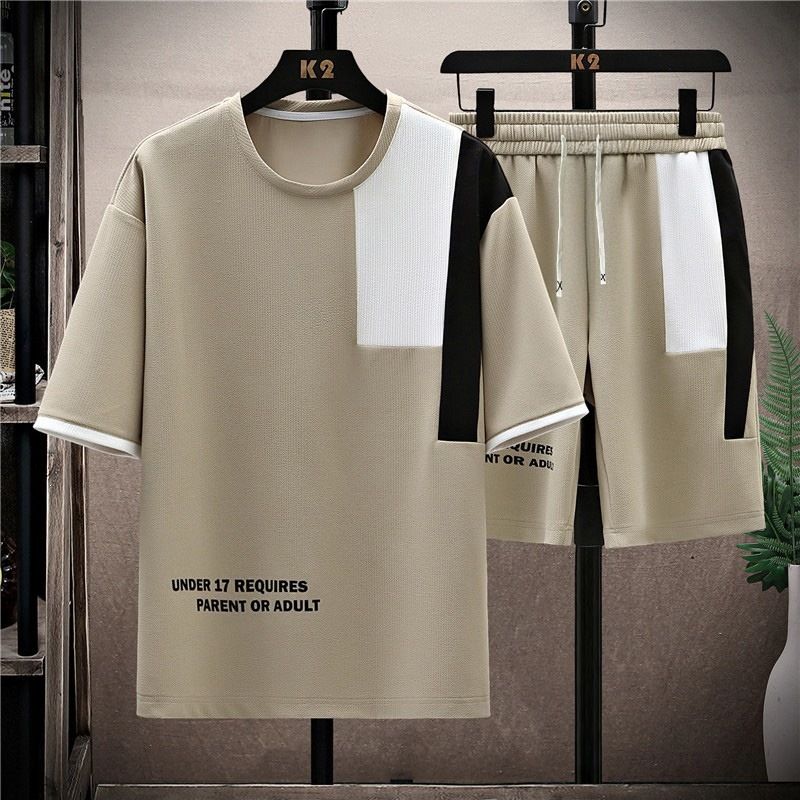 Color Block Men's Short Sleeve T-Shirt & Shorts Casual Lounge Set - Loose Fit Big & Tall Sizes Available_viptrois.com