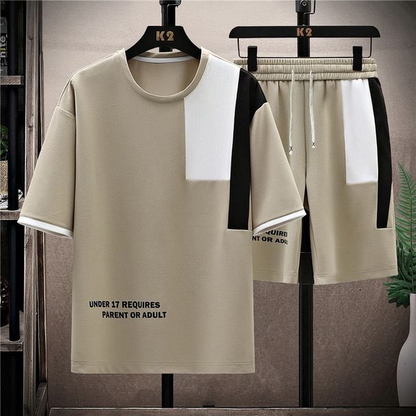 Color Block Men's Short Sleeve T-Shirt & Shorts Casual Lounge Set - Loose Fit Big & Tall Sizes Available_viptrois.com