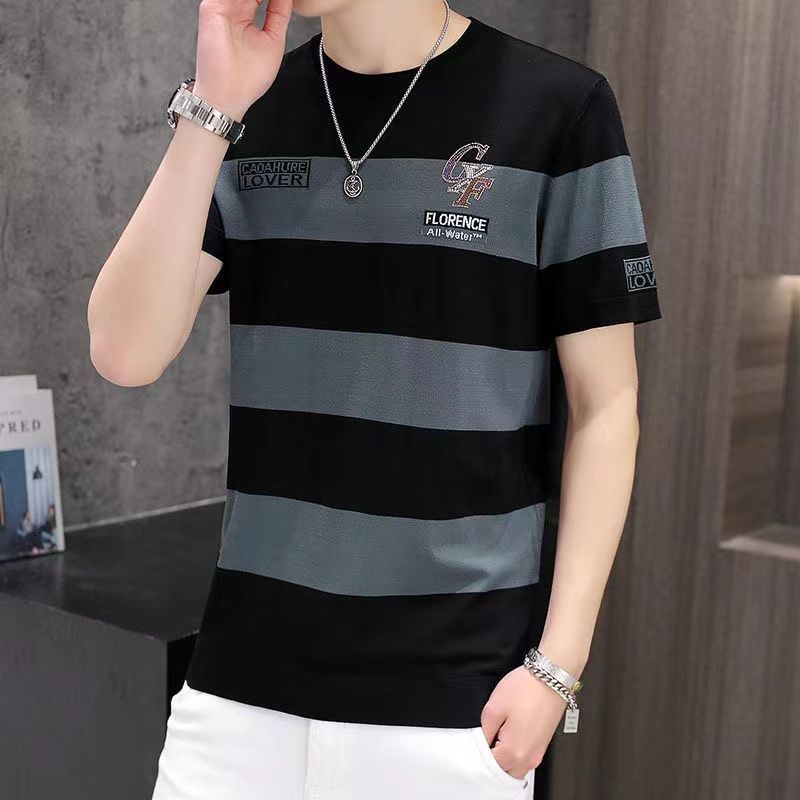 Ultra Thin Cool Breathable Short Summer Middle-aged And Young Striped Half Sleeved T-shirt For Men's Sweatshirt_viptrois.com