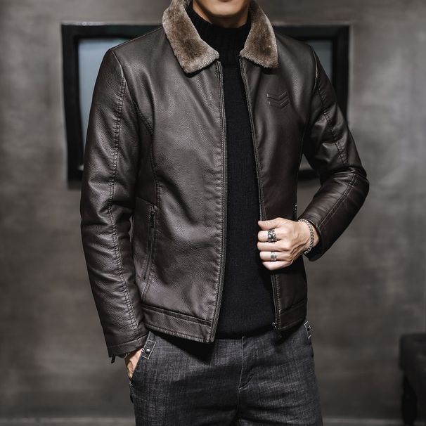 New Leather Jacket, Lapel Collar, Middle-Aged Elderly Men's Clothing, Plus Plush And Thickened Trendy Fur_viptrois.com