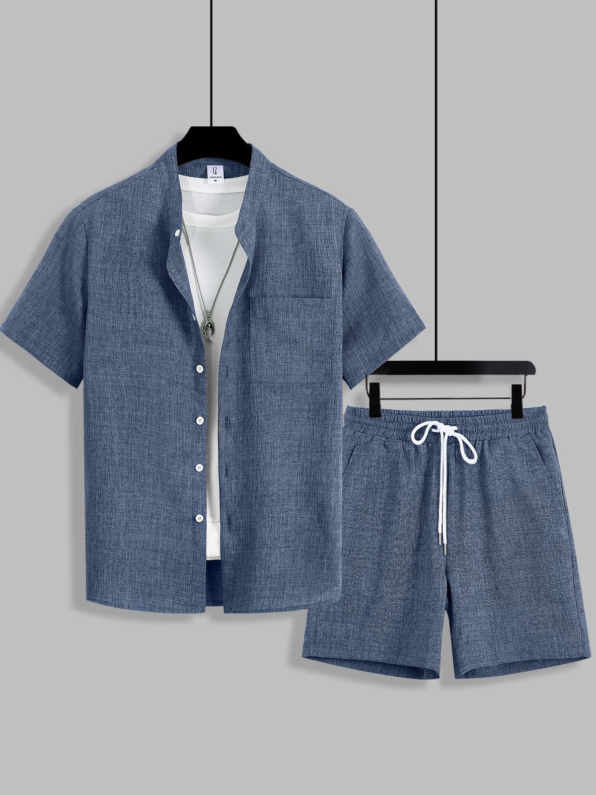 Men's Double Breasted Plaid Cardigan Button Down Short Sleeve Set Summer Fabric Shorts And Short Sleeved Outfit For Men_viptrois.com