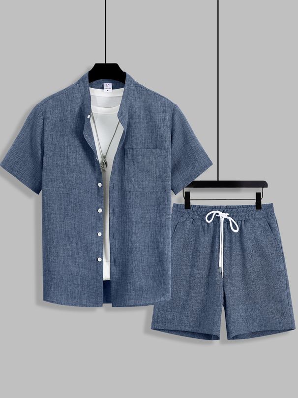 Men's Double Breasted Plaid Cardigan Button Down Short Sleeve Set Summer Fabric Shorts And Short Sleeved Outfit For Men_viptrois.com