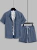 Men's Double Breasted Plaid Cardigan Button Down Short Sleeve Set Summer Fabric Shorts And Short Sleeved Outfit For Men_viptrois.com